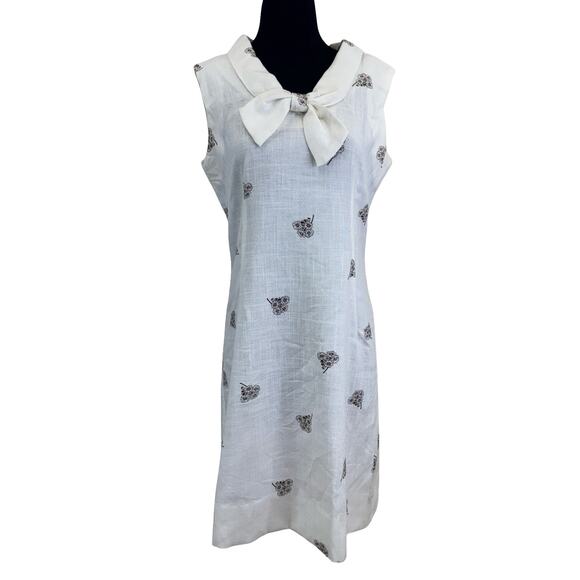 Vintage 1970s Linen Bow Collar Dress with Brown Floral Print – Size M - Picture 1 of 16